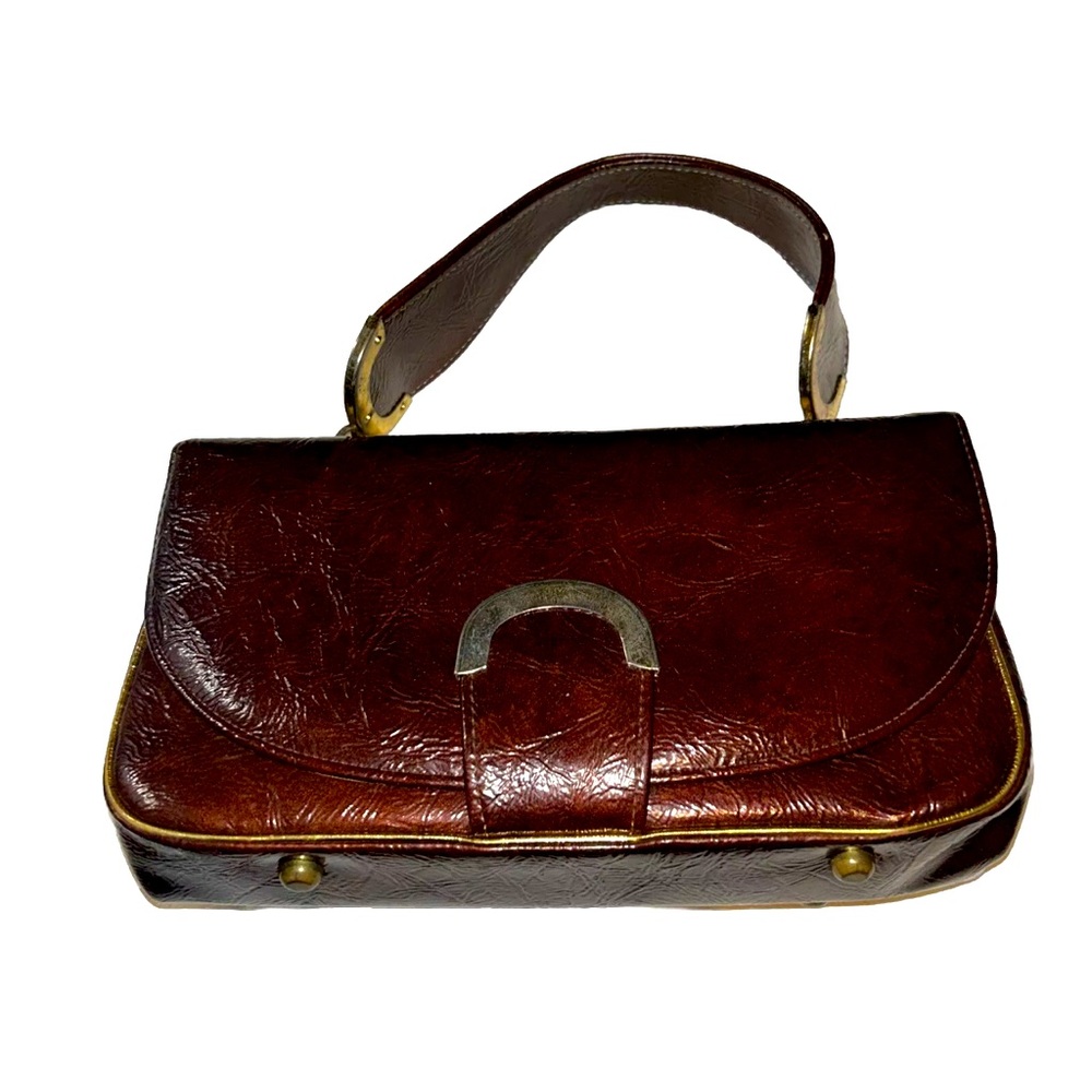 Vintage Purse Handbag Brown Patterned Leather Gold Piping Mod 1970’s Mob Wife